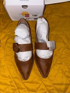 Yellow Box Brown Pointed Mary Jane Flats with Buckle Strap